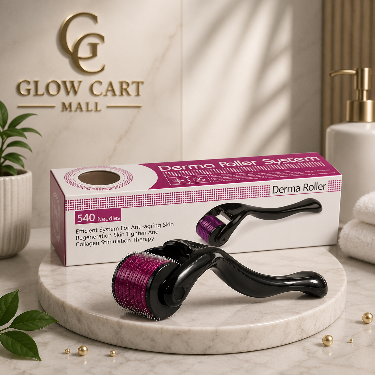 Derma Roller System, Microneedling Roller for Face and Skin, 540 Needles, Black and Pink